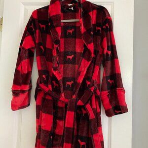 Bath Robe Soft Red Buffalo Plaid Dogs